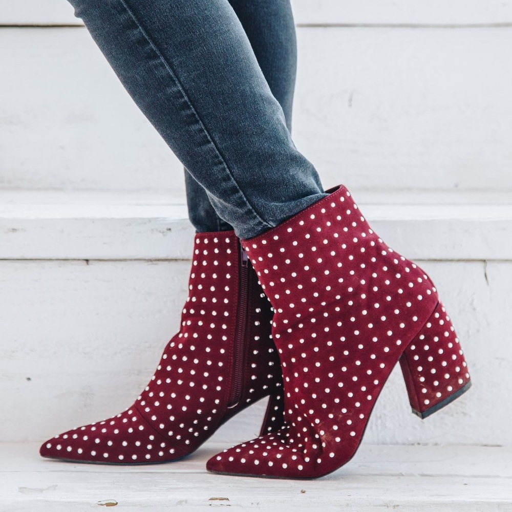 Burgundy Suede Studded Boots - Picture 2 of 3